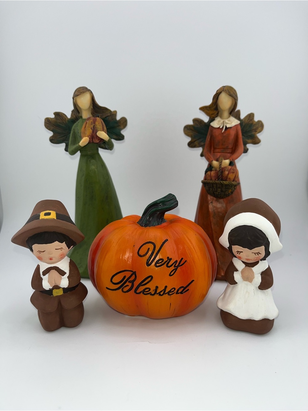 Very Blessed Fall Pumpkin, Pilgrim, and Angel Figurine Set